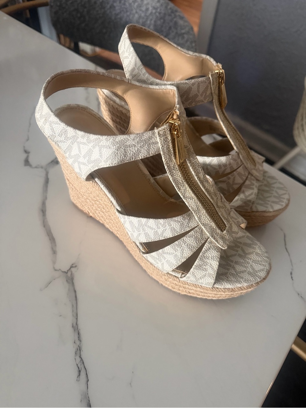 Michael Kors Ivory Logo Espadrille Wedge Sandals with Gold Zip